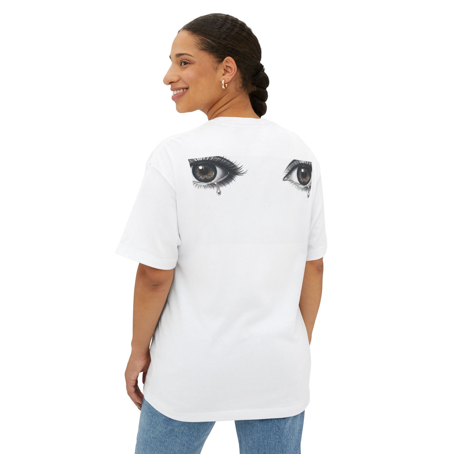 Oversized Boxy Tee — 'Stop' Palm Chest + Teary Eyes Back Graphic