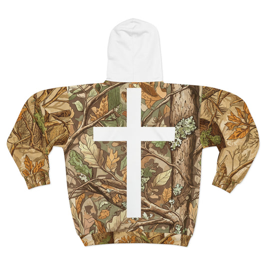 Camo Cross Zip Hoodie — Woodland Faith All-Over Print