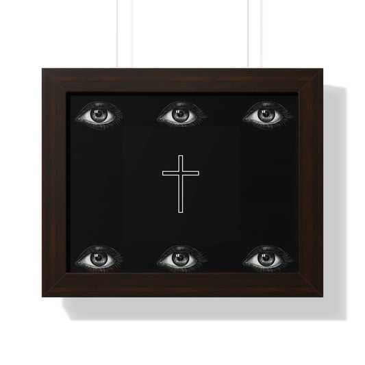 Framed Poster — Minimal Black Cross with Watchful Eyes Wall Art