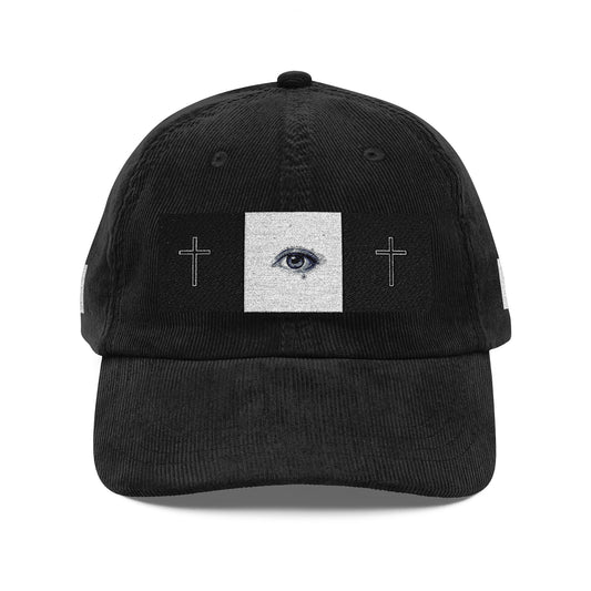 Embroidered Vintage Corduroy Cap — Eye & Cross Motif